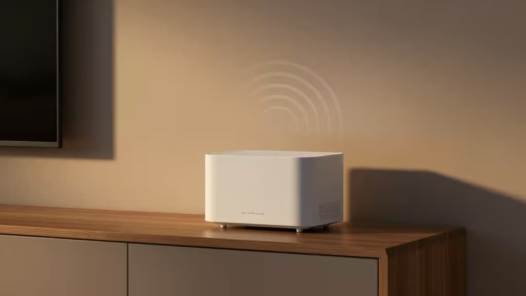 Weißer Smart-Home-Hub aus Kunststoff steht auf hellem Holzregal, warme Schatten, minimalistisch.