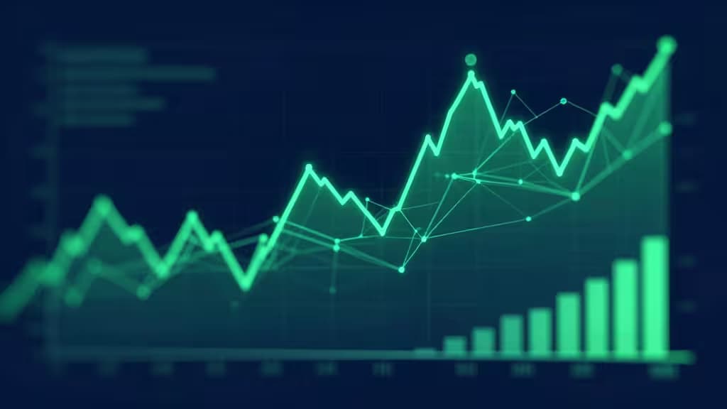 Glowing green line chart with bar graph on dark blue background, symbolizing AI-driven financial growth.