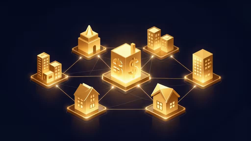 Golden 3D buildings and houses glow, linked by luminous blockchain lines on a dark background, symbolizing tokenized real-world assets.