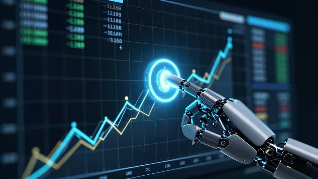 ロボットアームが暗号通貨のグリッドトレードチャート上の光る青いターゲットを指している様子