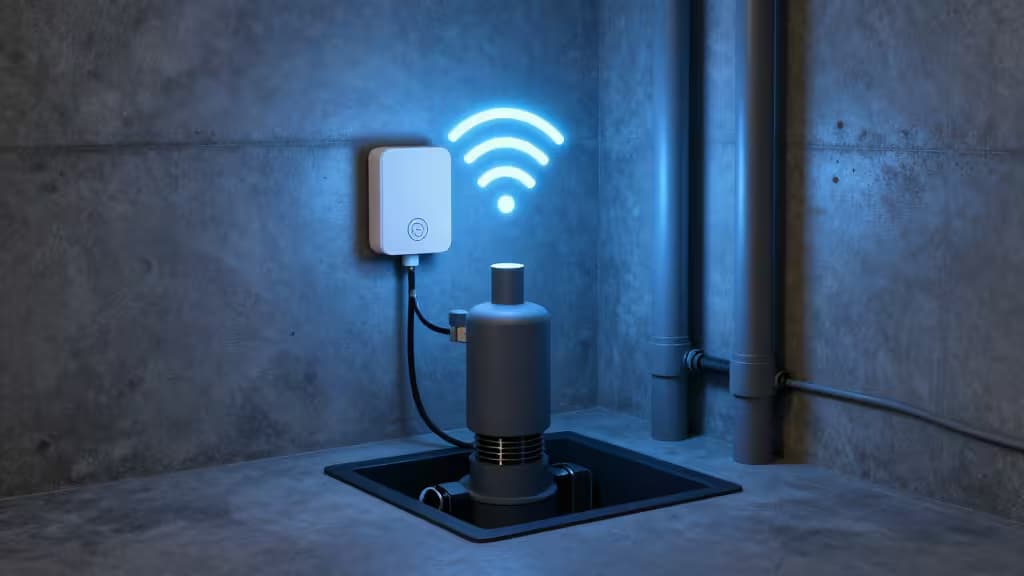 Slimme kelder met een wifi-sensor naast een sump pump, met blauwe signaalgolven in een moderne technologische omgeving