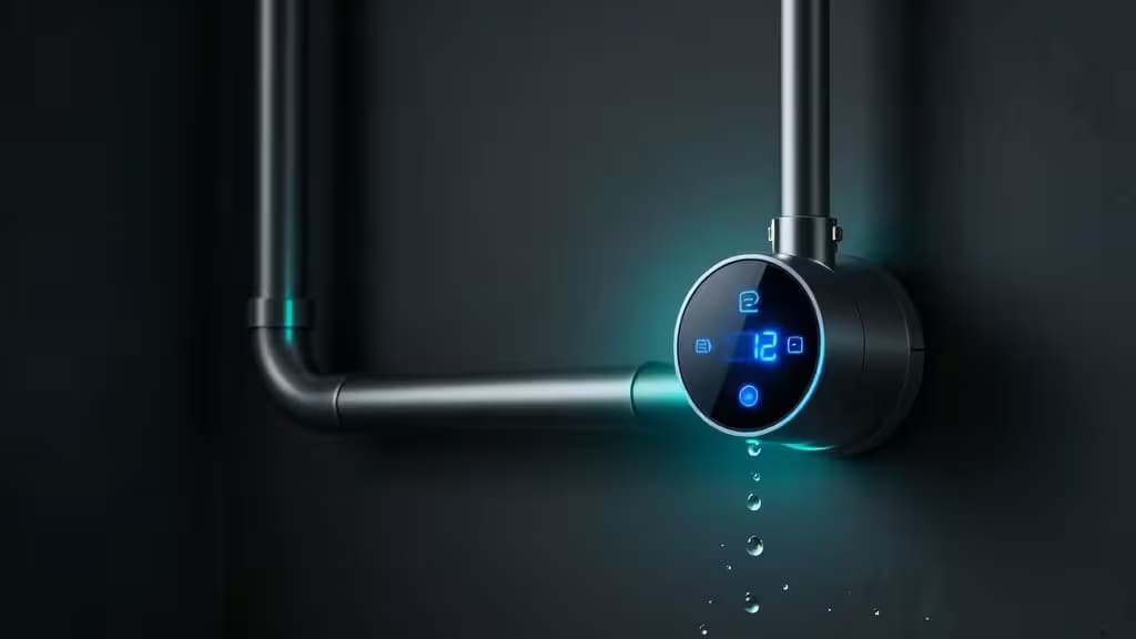 Detetor de fugas de água inteligente com ecrã digital azul e válvula de corte automático montada num cano escuro, prevenindo danos por água.
