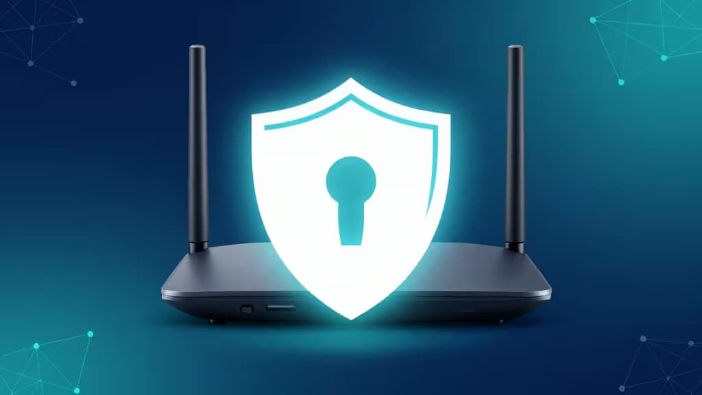 A modern Wi-Fi router with a glowing shield icon representing network-level VPN security, set against a deep blue gradient background.
