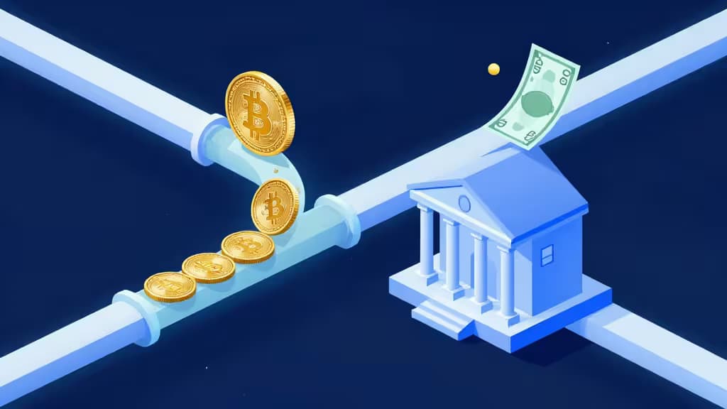 Moedas de Bitcoin douradas fluem por um tubo translúcido em direção a um edifício bancário azul, de onde emerge uma nota de dólar verde do outro lado.