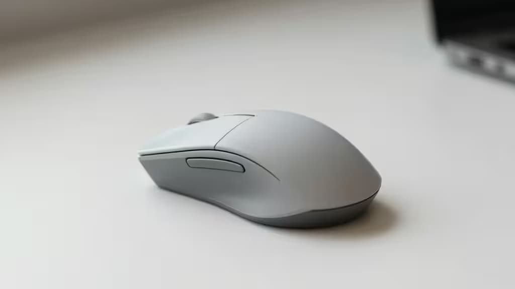 Un ratón vertical ergonómico de color gris claro sobre un escritorio blanco, destacando su diseño compacto para manos pequeñas.
