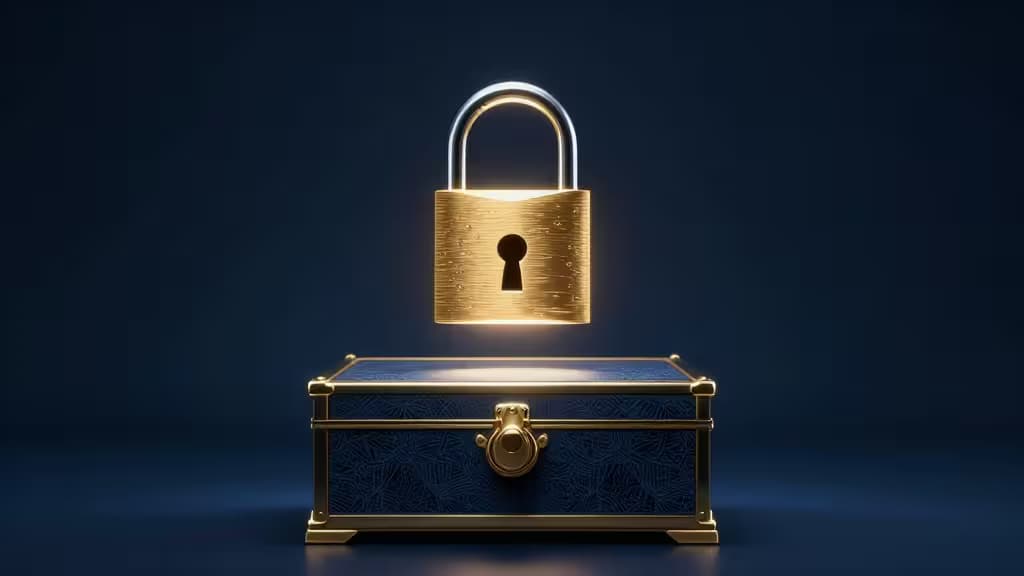 Cadenas numérique lumineux flottant au-dessus d'un coffre familial, illustrant le concept d'héritage numérique sécurisé