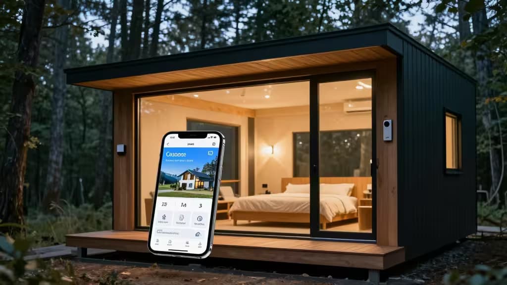 Un smartphone affichant un tableau de bord domotique flotte devant une cabane moderne au crépuscule, avec capteurs connectés et fenêtres lumineuses.