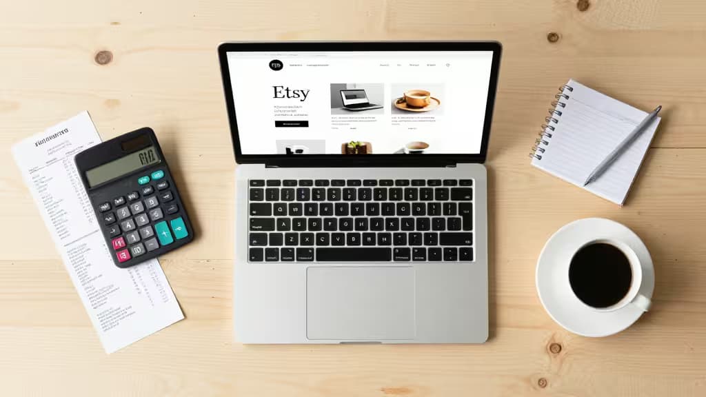 Laptop displays Etsy dashboard beside calculator, receipt, notebook, and coffee on wooden desk.