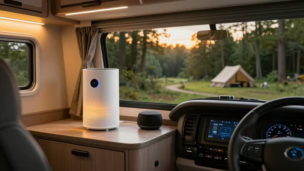 A white cylindrical air purifier and black smart speaker sit on a wooden counter in a modern RV, with a forest campsite visible through the window at golden hour.