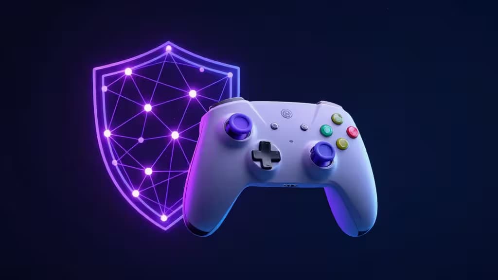 Un bouclier violet lumineux avec des nœuds de réseau protège une manette Xbox blanche sur fond sombre.