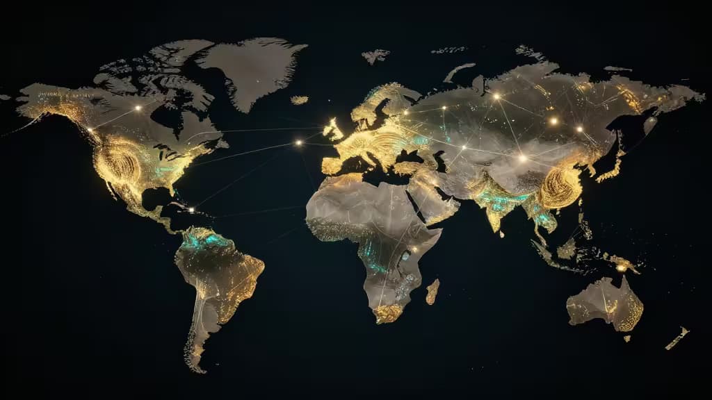 Glowing golden nodes connect across a translucent world map, symbolizing global crypto exchange networks.