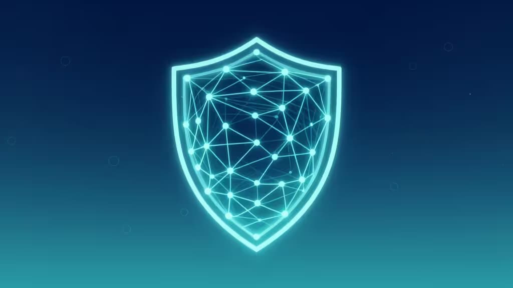 Glowing cyan shield composed of interconnected network nodes floats centrally against a deep blue gradient background.