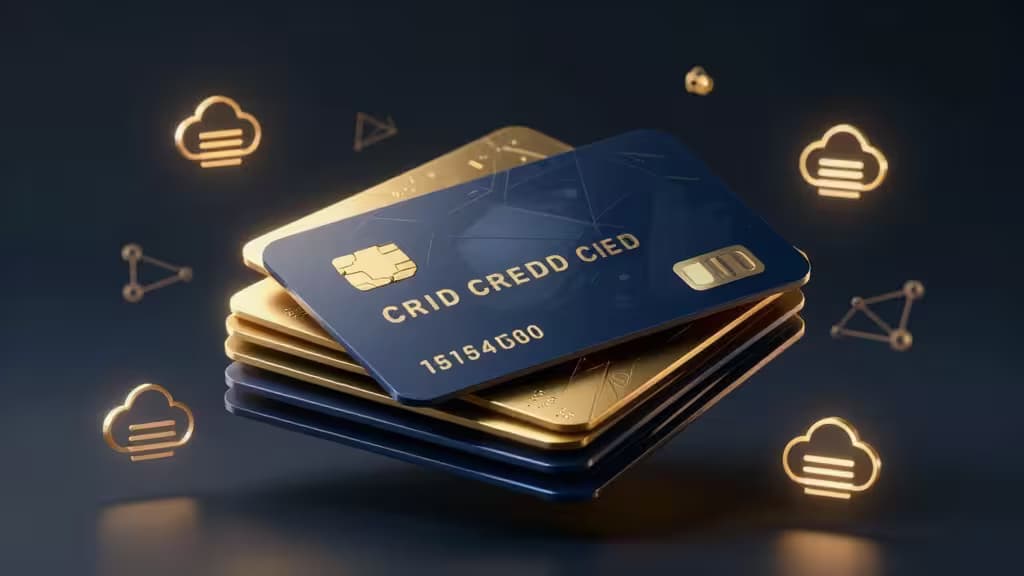 Cartes de crédit bleues et dorées empilées parmi des icônes de cloud et de réseau sur fond sombre.