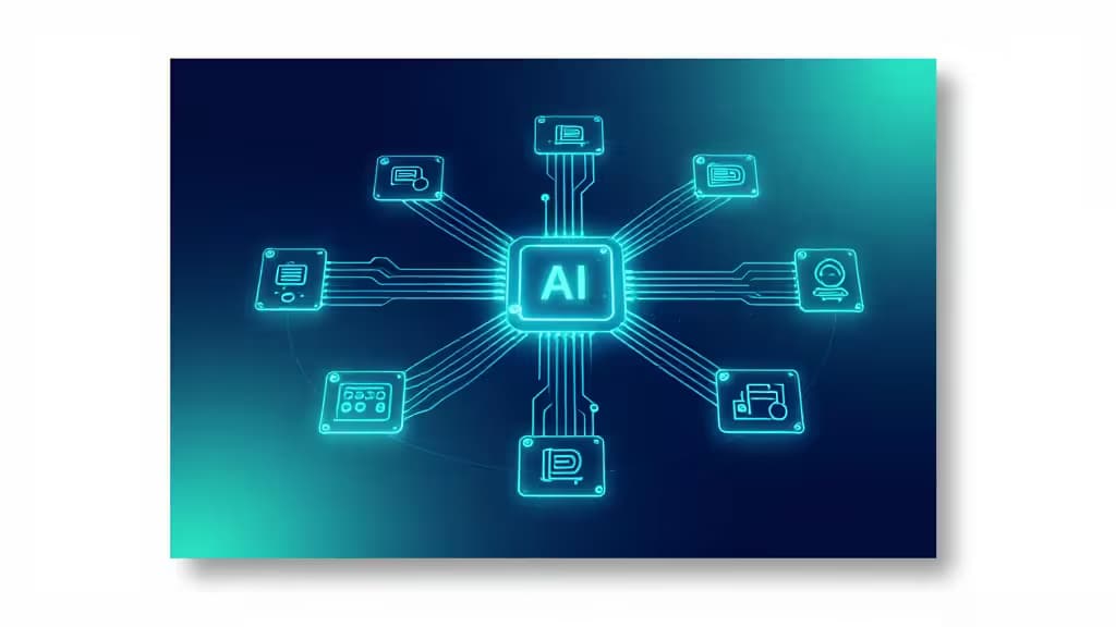 Glowing cyan AI chip connects to eight workflow icons on a dark blue gradient background.