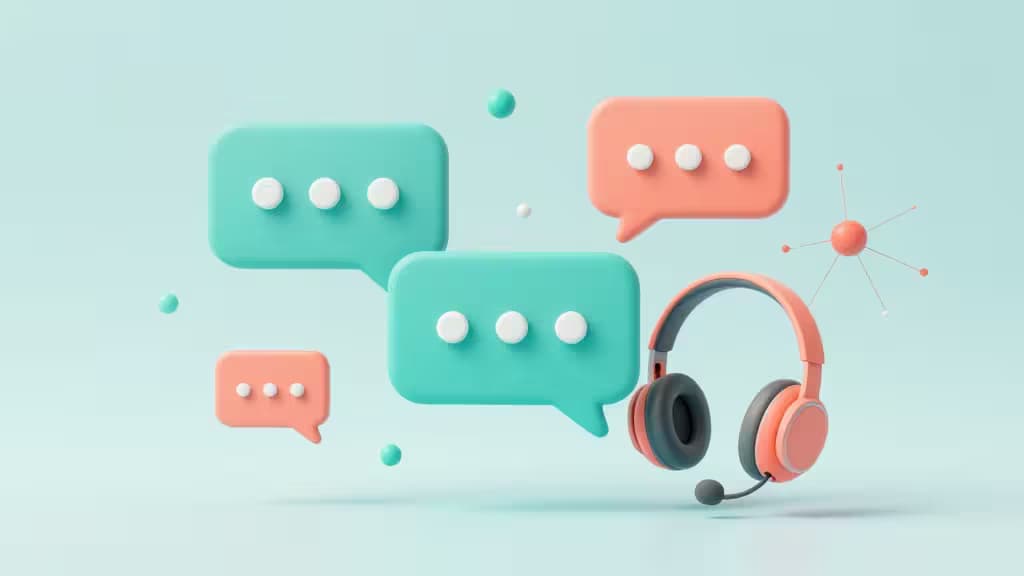 Teal and coral 3D chat bubbles float beside a headset and neural network node, symbolizing AI customer support tools.