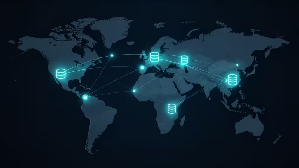 Glowing cyan database icons connect across a dark world map, illustrating a global edge computing network.