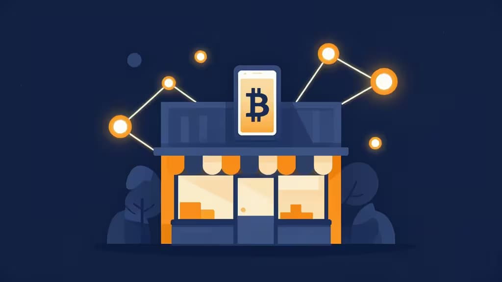 Ilustração abstracta de uma loja a aceitar pagamentos Bitcoin Lightning, com nós de rede e canais de pagamento luminosos em tons de azul e laranja
