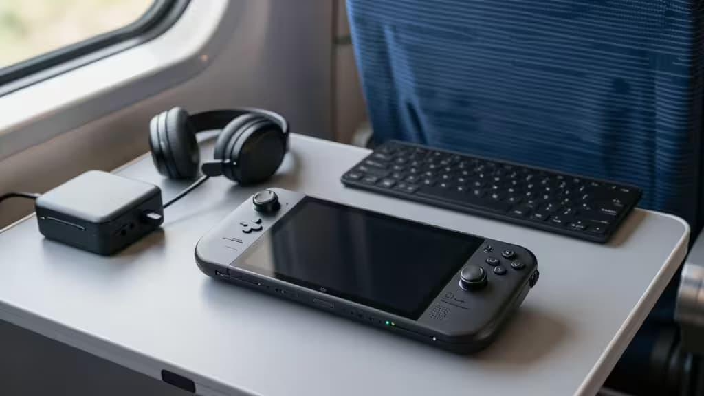Steam Deck, écouteurs, clavier et hub USB-C posés sur une tablette de train.