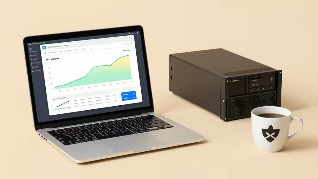 Laptop displays API caching dashboard beside compact server and coffee mug on beige desk.