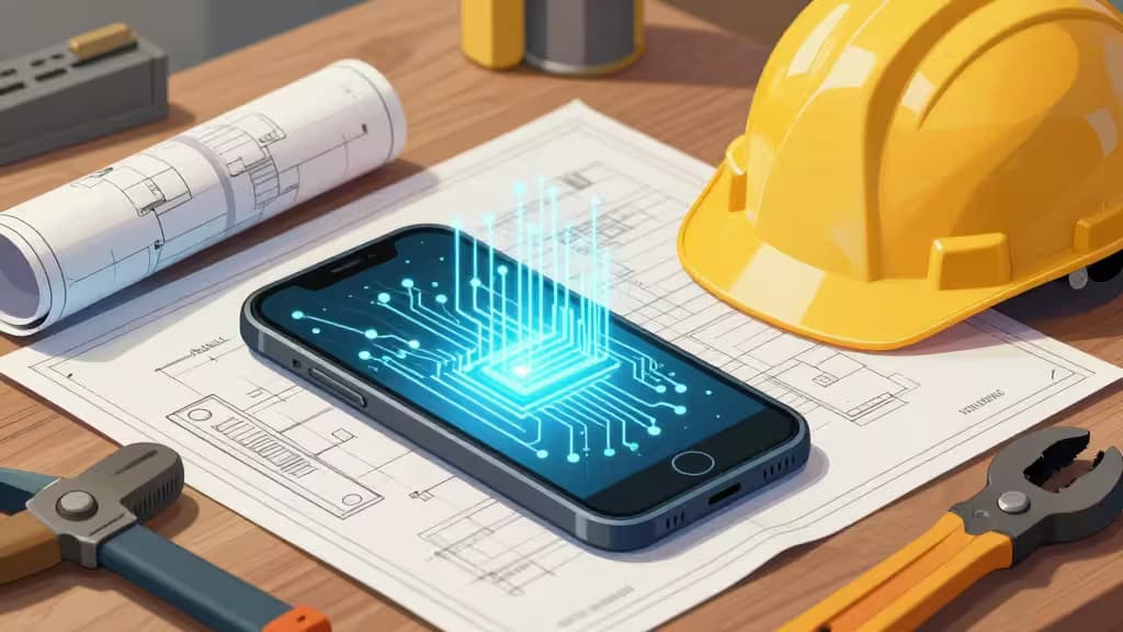 Smartphone displaying glowing AI circuitry rests on blueprints beside a yellow hard hat and pliers on a wooden workbench.