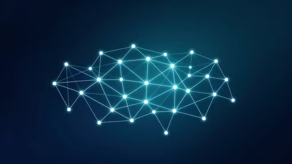 Visualisation abstraite d'une topologie de réseau mesh avec des nœuds interconnectés lumineux formant un réseau sécurisé