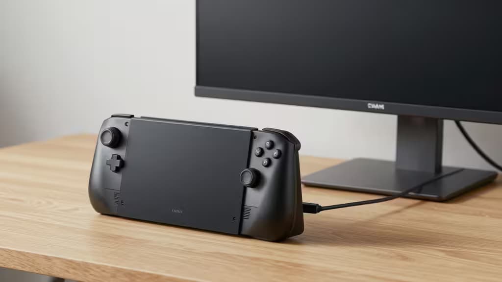 Black Steam Deck rests on wood desk, connected to a sleek portable monitor.