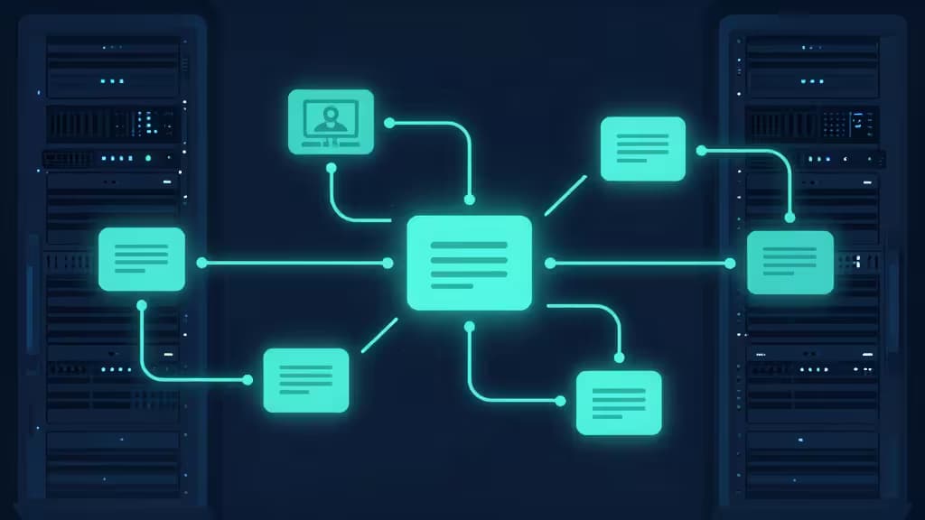 Glowing cyan workflow nodes connect between dark server racks, visualizing automated data pipelines for developer self-hosted tools.