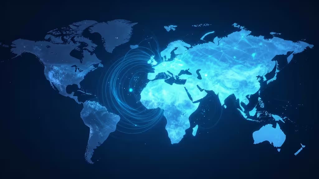 Glowing blue data streams traverse a digital world map, symbolizing secure VPN connections bypassing regional AI access restrictions.