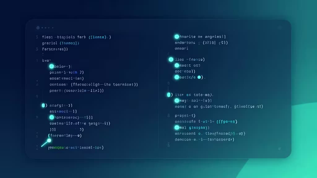 Abstract illustration of AI-assisted code review with glowing annotation markers on code diff lines, deep blue and teal gradient background