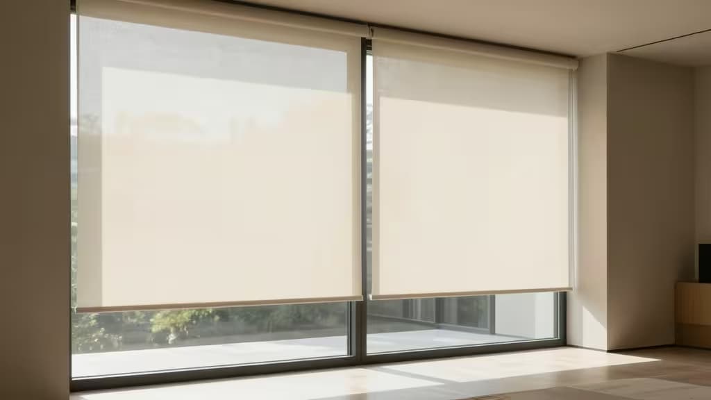 Elegant cream roller blinds cover a large sliding glass door, filtering soft natural light into the room.