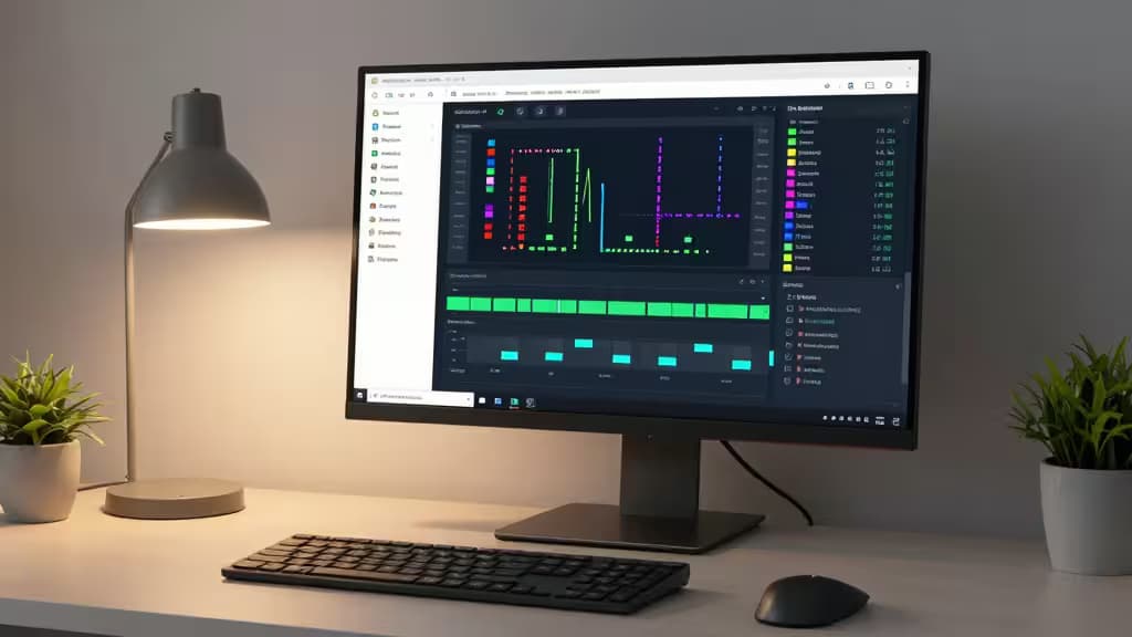 Ein moderner Schreibtisch mit einem Monitor, der bunte Error-Tracking-Dashboards anzeigt, flankiert von Pflanzen und einer Lampe.