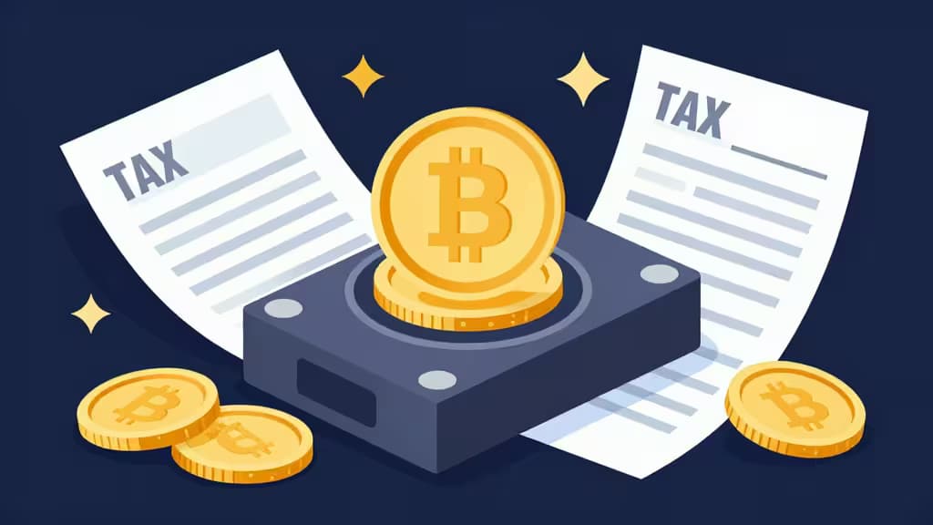 Gold Bitcoin coins rest on dark mining hardware, flanked by white tax documents against a deep blue background.