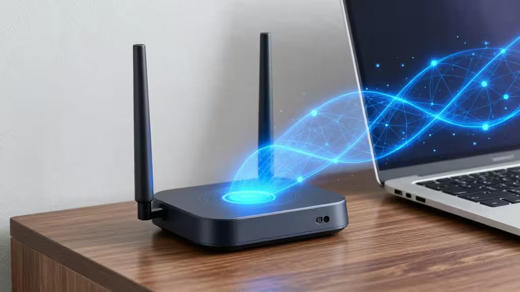 A compact portable travel router on a hotel desk with a glowing blue encrypted tunnel visualization, representing secure VPN connectivity while traveling.