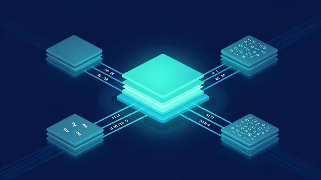 Glowing cyan server stacks connect via data streams, visualizing high-speed in-memory caching architecture against a deep blue digital background.