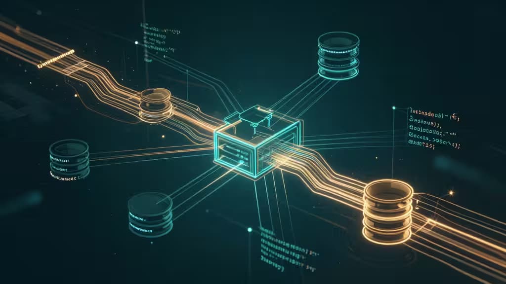 Abstracte illustratie van SQL-code die door neurale-netwerkroutes stroomt, met databasetabellen die oplossen in lichtgevende datastromen in donkerblauwe en amber tinten.