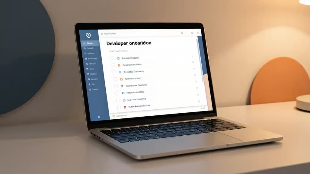 A silver laptop displays a developer onboarding checklist interface on a minimalist white desk.