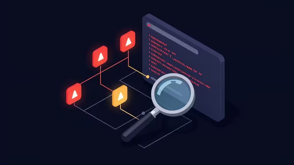 Magnifying glass inspects error logs on a screen, with glowing alert icons connected by lines, symbolizing affordable error tracking for dev teams.