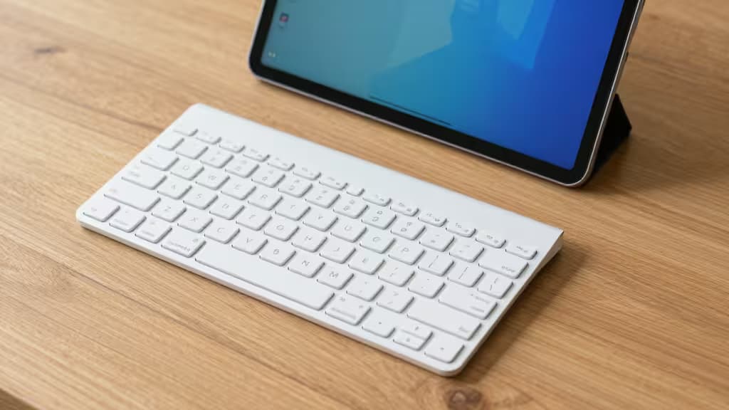 White Bluetooth keyboard and Android tablet on light wood desk, showcasing budget-friendly productivity setup.