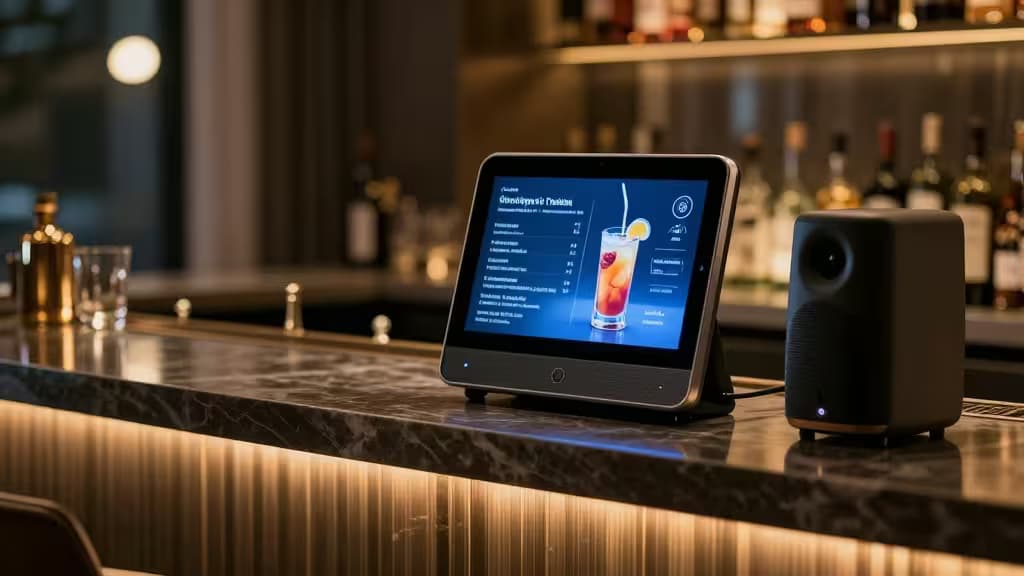 Inteligentny tablet i głośnik na marmurowym blacie barowym, wyświetlający przepis na drinka w nastrojowym oświetleniu