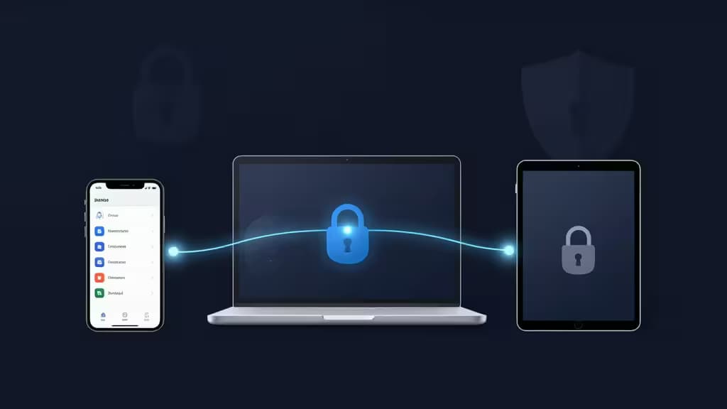 A glowing blue padlock connects a smartphone, laptop, and tablet, symbolizing secure cross-device password synchronization.