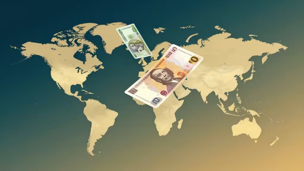 Floating currency cards hover above a golden world map, symbolizing global financial freedom for digital nomads.