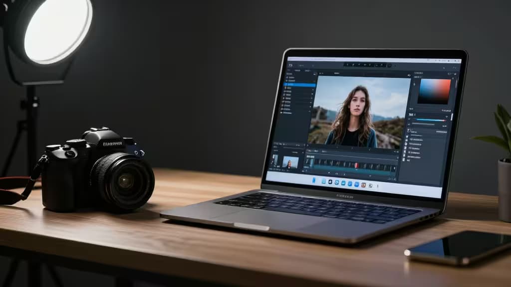 Cámara DSLR negra junto a un portátil que muestra software de edición de fotos con IA sobre un escritorio de madera bajo suave iluminación de estudio.