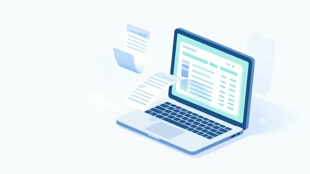 Laptop displays financial data as paper documents float into its screen, illustrating automated bookkeeping processing.