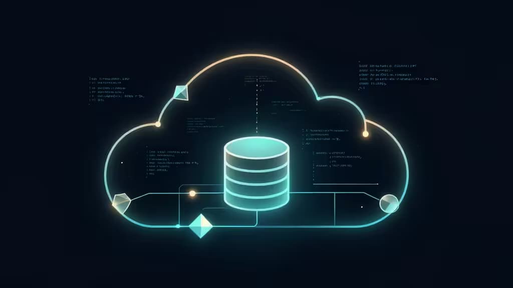 Nuage lumineux entourant une base de données, relié par des lignes néon et des fragments de code flottants.