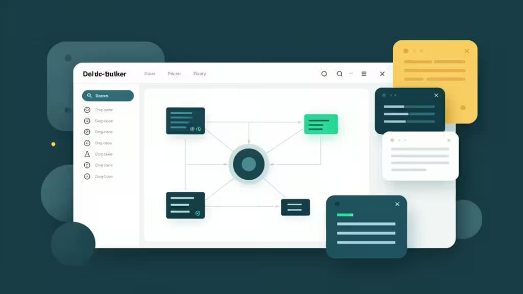 Illustration abstraite d'un espace de travail low-code avec des panneaux d'interface en drag-and-drop, des nœuds de connexion de base de données et des fragments de code flottants.