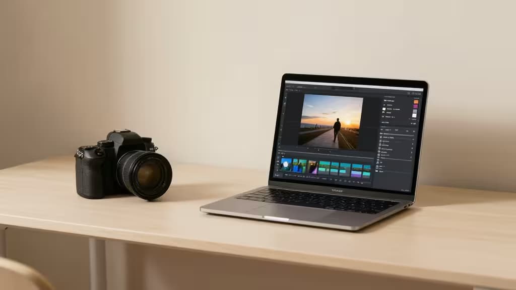 Bureau de photographe avec appareil photo et ordinateur portable affichant un logiciel d'édition photo IA, éclairage studio doux et tons chauds minimalistes