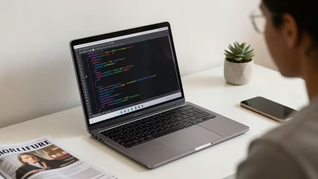 Espacio de trabajo de un desarrollador con laptop mostrando código Python en la pantalla, ambiente profesional y ordenado con iluminación suave
