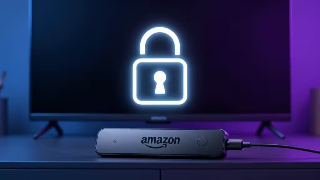 A Fire TV Stick connected to a television with a glowing VPN padlock security overlay in blue and purple lighting