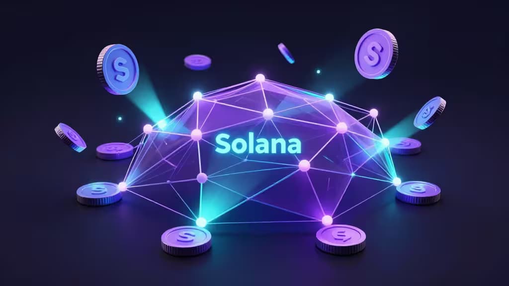 Glowing purple Solana network with floating coins, representing staking nodes for DeFi in 2026.