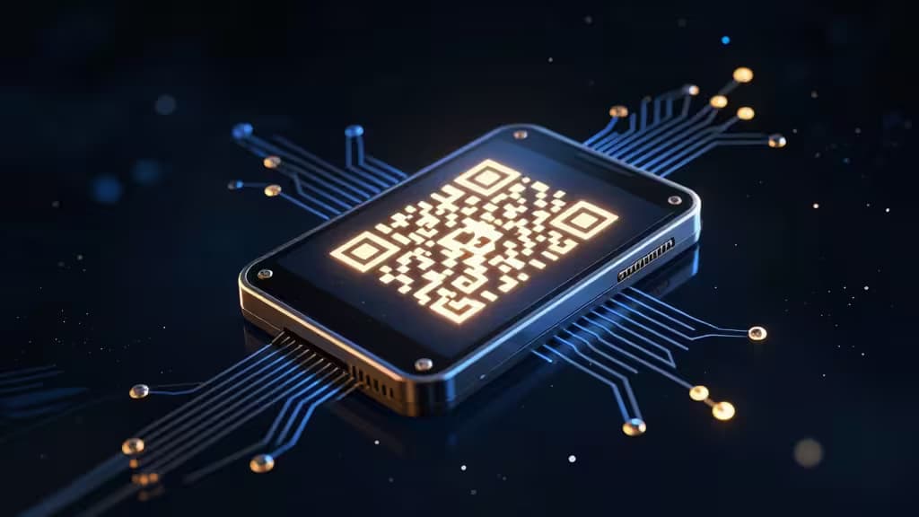 Металлический аппаратный кошелёк отображает светящийся QR-код на тёмном экране, расположенный на синих дорожках печатной платы на фоне глубокого космоса.